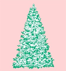 Christmas tree without toys, under the snow on a pink background. Vector.