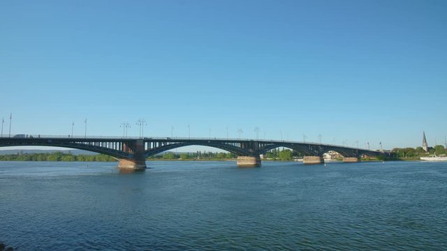 Panorama shot of the Theodor Heuss Br&uuml;cke bridge between mainz and wiesbaden, Hesse and rhineland palatinate with the river rhine on a sunny summer day