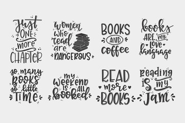 Obraz premium Books and reading lettering set Hand drawn typography poster. Conceptual handwritten phrase T shirt hand lettered calligraphic design. Inspirational vector