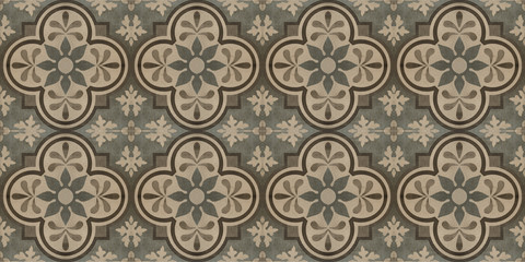 Seamless beige brown gray grey vintage retro geometric square mosaic motif cement tiles with flower leaves print texture background