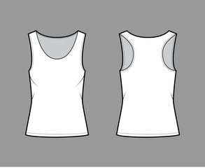 Racer-back cotton-jersey tank technical fashion illustration with relax fit, wide scoop neckline. Flat outwear cami apparel template front, back white color. Women men unisex shirt top CAD mockup 