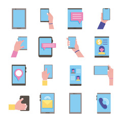 bundle of sixteen smartphones devices set collection icons