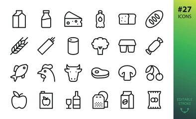 Food and grocery store icons set. Set of gastronomy food, kefir pack, milk bottle, cow head, meat steak, crisps, snacks, wheat bread, loaf, tea bag, coffee pack, apple juice isolated vector icon