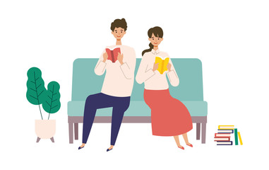 Vector illustration of a couple reading books. Man and woman have a relaxing day off.
