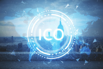 Double exposure of crypto currency theme hologram drawing and city veiw background. Concept of blockchain and bitcoin.