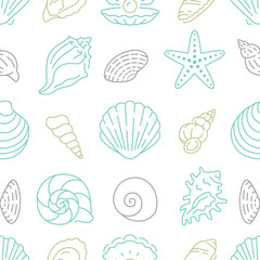 Seashell seamless pattern. Vector background included line icons as ocean sea shells, scallop, starfish, clam, oyster, nautical texture for fabric. White, blue and gold color