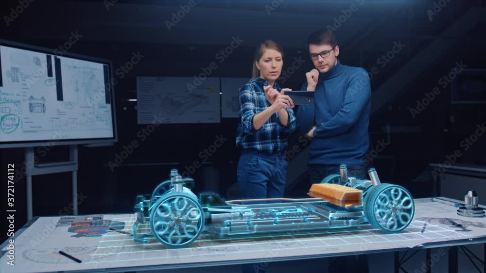 Poster automotive engineer wearing virtual reality headset working on 3d electric car design, using gesture