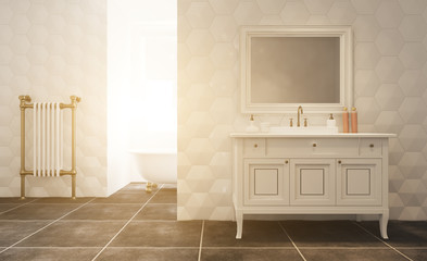 Naklejka na ściany i meble Modern bathroom with large window. 3D rendering.. Sunset.