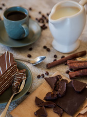 Fototapeta na wymiar composition of coffee, milk and chocolate cake