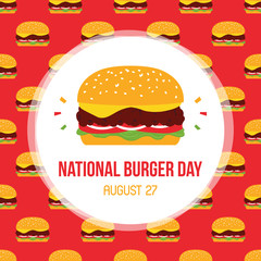 National Burger Day vector card, illustration with cute cartoon style burger seamless pattern background.
