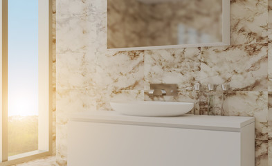 Clean and fresh bathroom with natural light. 3D rendering.. Sunset.