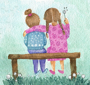 Two little girl friends on banch