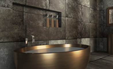 The bathroom is made of dark tiles on the walls under the metal. Bronze washbasin and bath.. 3D rendering,
