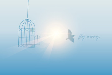 bird flies out of the cage into the sunny sky vector illustration EPS10