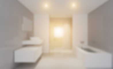 Fototapeta na wymiar Unfocused, Blur phototography. Clean and fresh bathroom with natural light. 3D rendering.. Sunset.