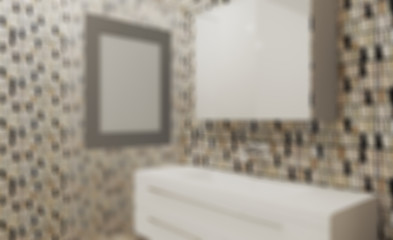 Unfocused, Blur phototography. Modern bathroom including bath and sink. 3D rendering. .  Mockup.   Empty paintings