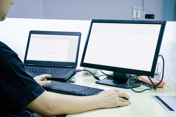 Man are working with computer in office, Empty screen computer for create your text