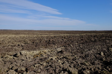 Blue sky over a plowed field. Spring landscape. Agriculture.