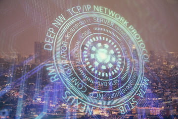 Data theme hologram drawing on city view with skyscrapers background double exposure. Ai concept.