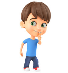 3d render illustration. Cartoon character of a little boy sneaking on a white background.