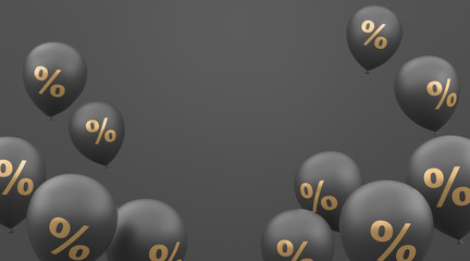 Balloons are black with gold percent on a gray background. 3d render illustration for advertising. Black Friday.