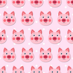 Vector flat animals colorful illustration for kids. Seamless pattern with cute pig face on pink polka dots background. Adorable cartoon character. Design for textures, card, poster, fabric, textile.