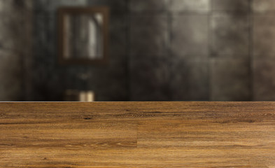 Modern loft style bathroom, old tiles, metal bathtub and washbasin.. 3D rendering,. Abstract blur phototography. wooden table on blurred background.