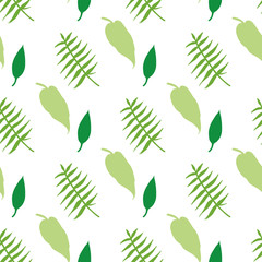 Seamless pattern with stylish green leaves silhouettes on white background. Vector image.