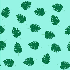 Seamless summer pattern, monstera leaves on a turquoise background. Flat vector illustration