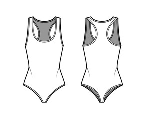 Cotton-jersey thong bodysuit technical fashion illustration with racer-back, deep U-neckline. Flat outwear one-piece apparel template front, back, white color. Women men unisex swimsuit CAD mockup. 