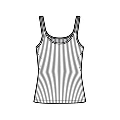 Ribbed cotton-jersey tank technical fashion illustration with scoop neck, relaxed fit knit, tunic length. Flat outwear camisole apparel template front white color. Women men unisex shirt top mockup