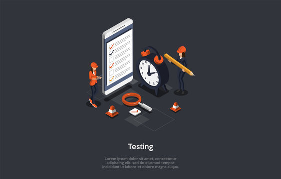 Systems Engineering Concept. Female Workers Wear Helmets And Uniform. Testing New Mobile Application For Getting A Feedback About The Quality Of The Product. Colorful 3d Isometric Vector Illustration