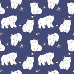 Seamless Pattern with Cartoon White Bear Design on Dark Blue Background