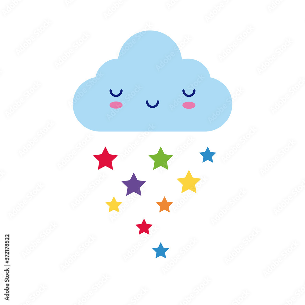 Poster cloud sky with stars kawaii comic character flat style