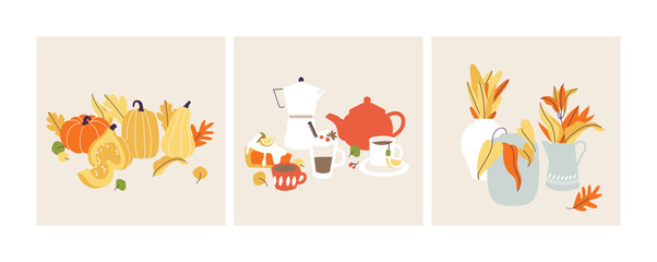 Vector illustration autumn mood. Fall season items background. Forest dried leaves, pumpkins, berries, hot drinks decorative composition.