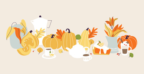 Vector illustration autumn mood. Fall season items background. Forest dried leaves, pumpkins, berries, hot drinks decorative composition.