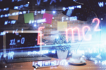 Fototapeta na wymiar Desktop computer background and formula hologram writing. Double exposure. Education concept.