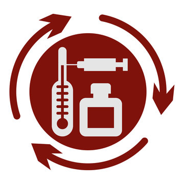 Simple vector icon of medical waste disposal and recycling. Thermometer, syringe and medicine bottle on red round background with circular arrow
