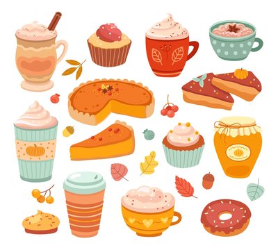 Pumpkin spice. Fall season aroma product, autumn sweet baking. Delicious flavors pastry dessert, food and latte coffee vector illustration. Aroma fall eating colorful collection