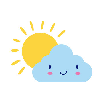 cloud with sun kawaii comic character flat style