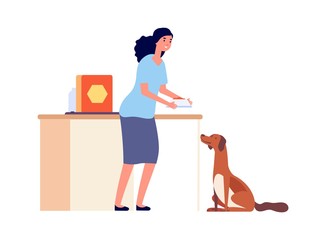 Girl feed dog. Isolated happy pet owner character. Woman and dog, adopt or volunteering vector illustration. Woman and pet dog, owner character girl