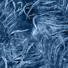 Exotic seamless pattern. Blue galaxy background. 