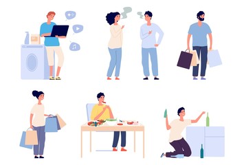 Adult bad habits. Different addictions, people drink alcohol, smoking overeating shopping. Isolated man woman characters unhealthy vector illustration. Person unhealthy alcoholic, addicted smoking