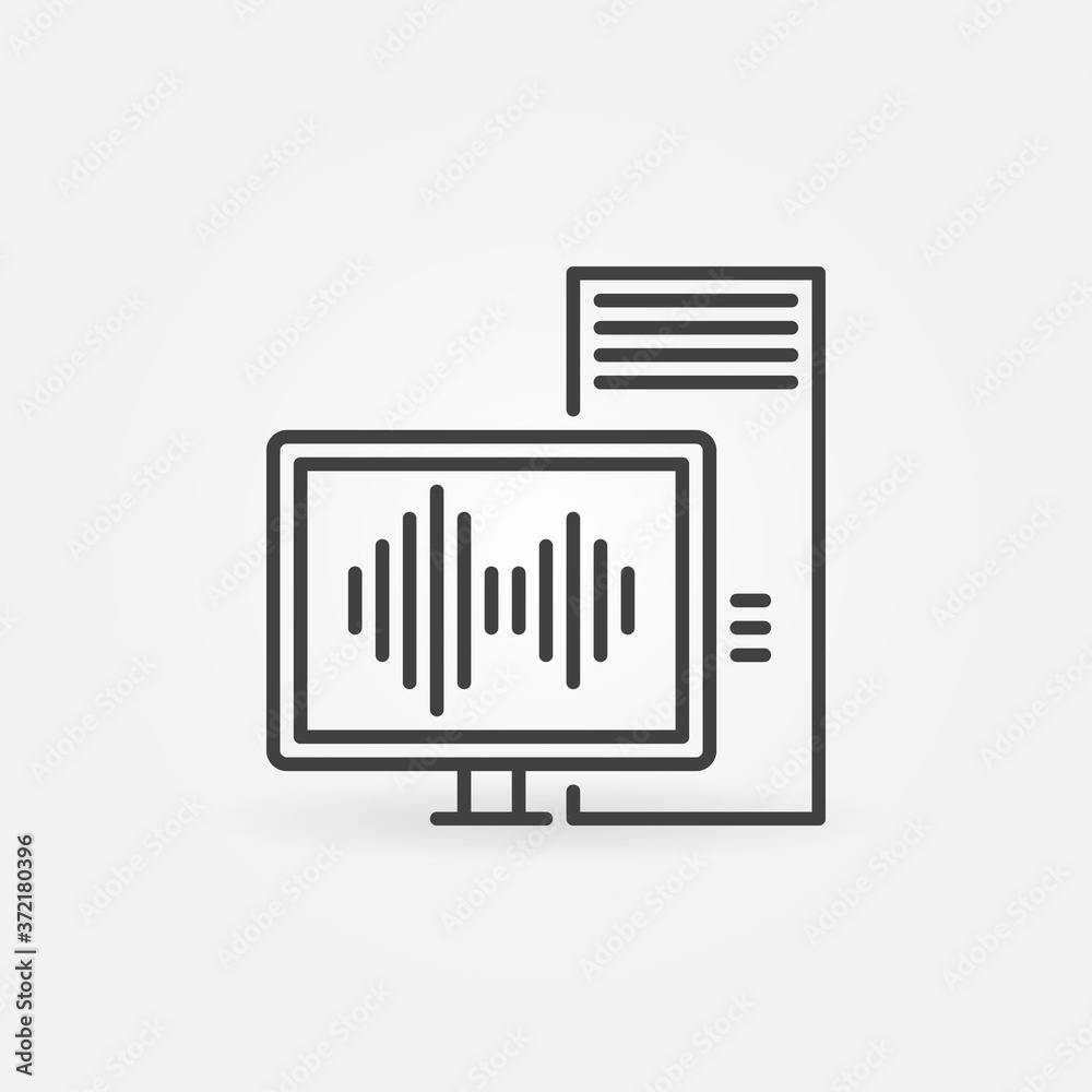 Poster desktop computer with sound wave vector concept outline icon or design element
