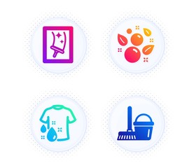 Wash t-shirt, Clean bubbles and Window cleaning icons simple set. Button with halftone dots. Bucket with mop sign. Laundry shirt, Laundry shampoo, Housekeeping service. Cleaner equipment. Vector