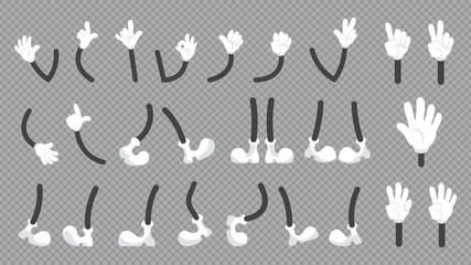 Cartoon comic legs and hands. Cute arm in white gloves and feet in boots or shoes. Isolated gestures characters, animation kit vector illustration. Cartoon foot and footwear part hand and leg