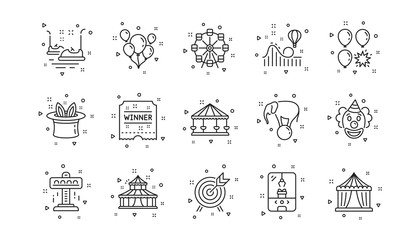 Carousel, Roller coaster and Circus. Amusement park line icons. Clown linear icon set. Geometric elements. Quality signs set. Vector