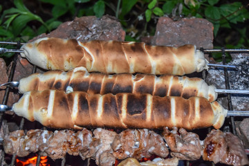 khachapuri kebab fried cheese on skewer in dough