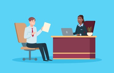 Man on job interview. Isolated work meeting, HR management or recruitment agency. Cartoon male employee and business woman have conversation. Young manager and boss vector illustration