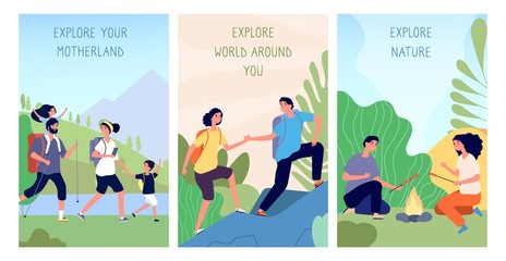 Naklejka premium People exploring. Domestic tourism, travel in motherland cards. Man woman hiking trekking and camping background. Cartoon landscape with travellers vector illustration. Tourism adventure hiking